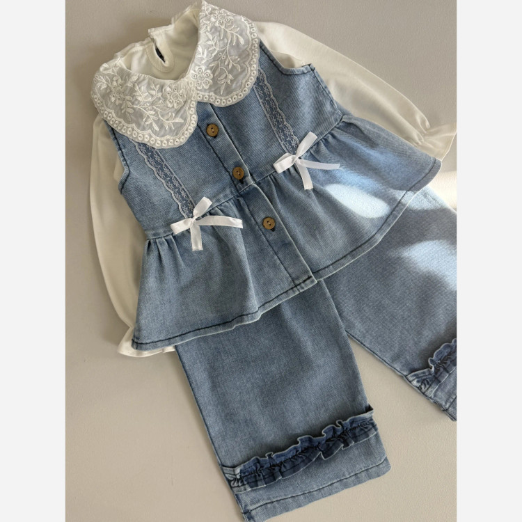 ست دخترانه بلوز جلیقه شلوار جین مناسب 2 تا 9 سال