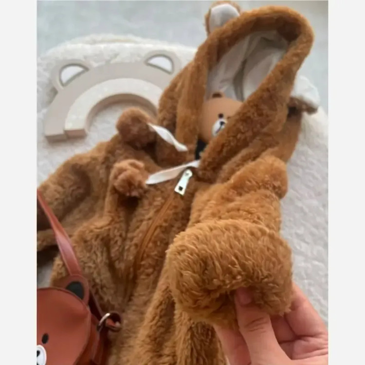 سرهمی خزدار تدی نوزادی مناسب 3 تا 18 ماه دو رنگ شیری و نسکافه ای