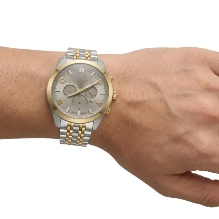 ساعت مچی مردانه رومانسون استیل طلایی صفحه طوسی موتور ژاپن کرنوگراف تقویمدار