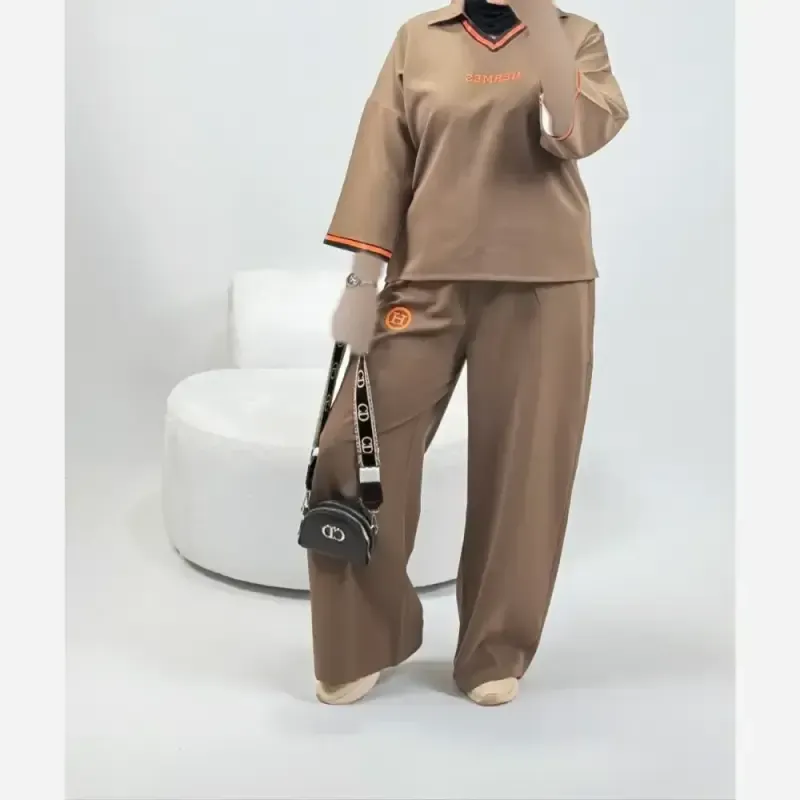 ست تیشرت شلوار هرمس جنس دبل مازراتی گرم بالا پاییزه فری سایز
