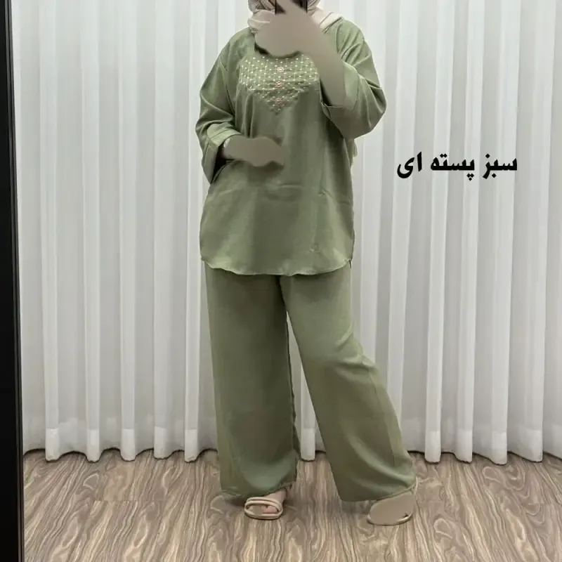 ست بلوز شلوار گلدوزی آلنا فری سایز تا 50 جنس صوفیا چهارفصل شیک راحت بدون آبرفت و رنگ رفت