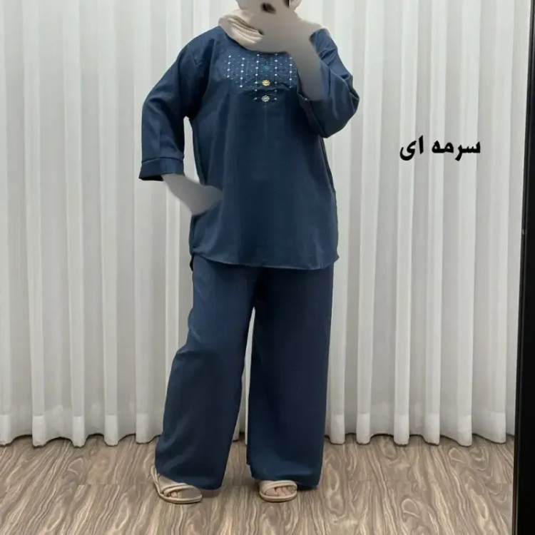 ست بلوز شلوار گلدوزی آلنا فری سایز تا 50 جنس صوفیا چهارفصل شیک راحت بدون آبرفت و رنگ رفت