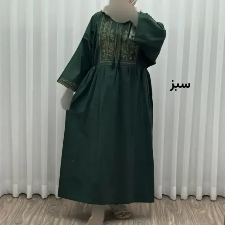 پیراهن لینن گلدوزی مایا کد 1745 فری سایز زنانه چهارفصل تنخور شیک و راحت بدون سایه اندازی و بدن نما
